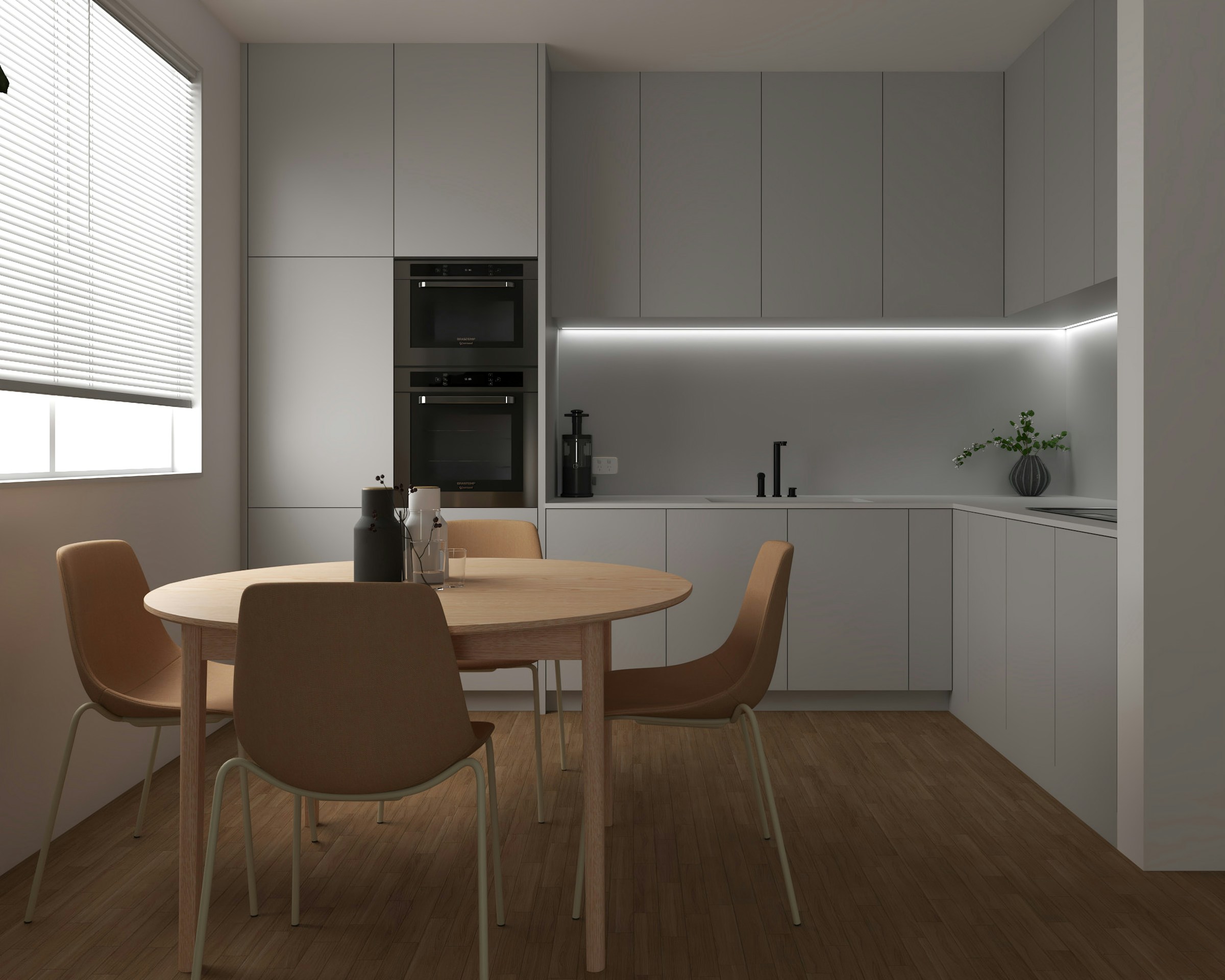 Realistic furnished kitchen and dining interior