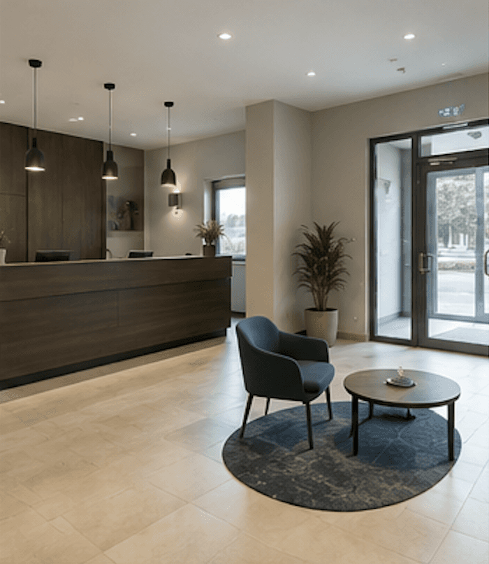 Modern apartment kitchen with wood cabinetry